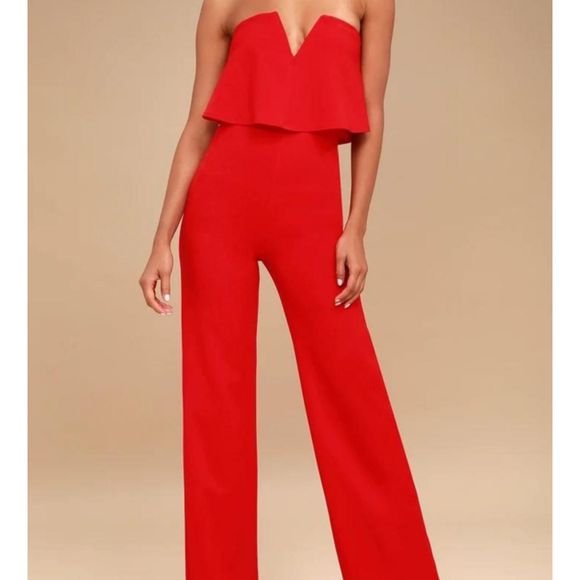 Lulu's Pants - Lulus Gorgeous Deep V Red Jumpsuit Wide Leg L